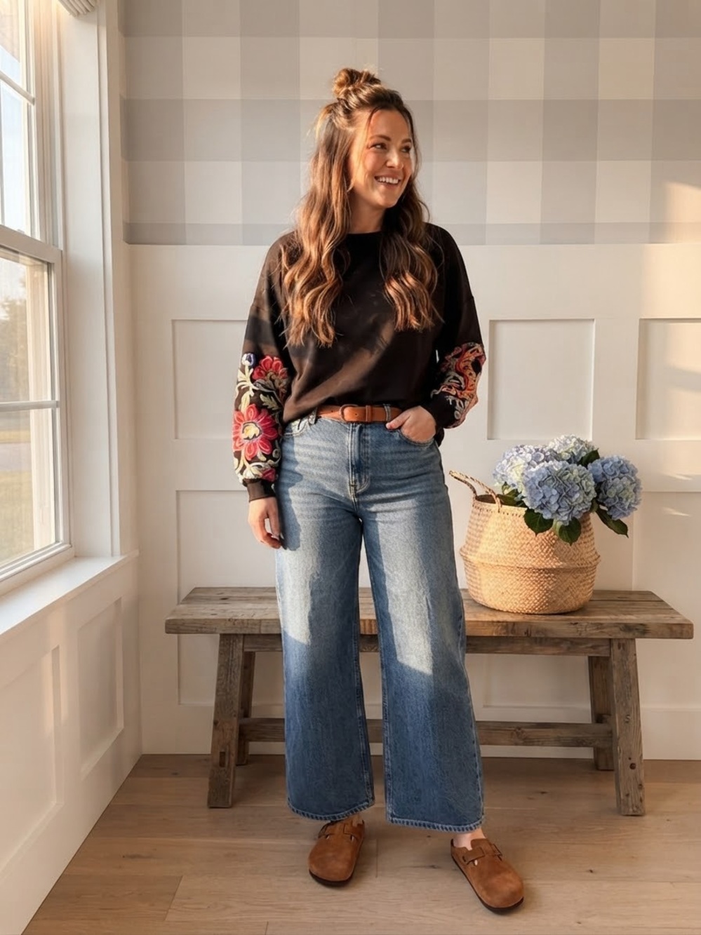 Embroidered-Sleeve Black Sweatshirt with Floral Detail Medium